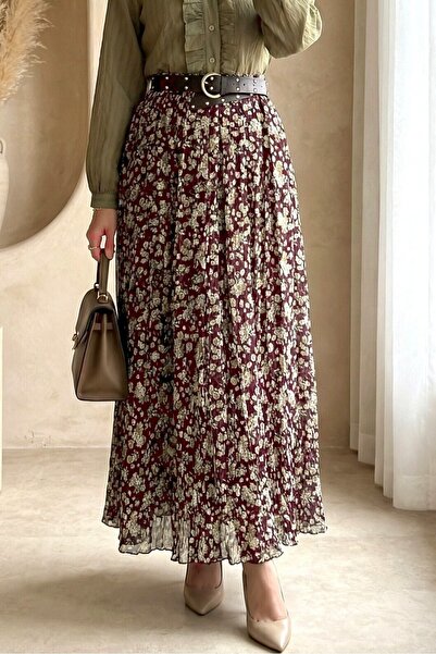 Modamorfo Floral Patterned Lined Thick Belted Chiffon Skirt -Khaki