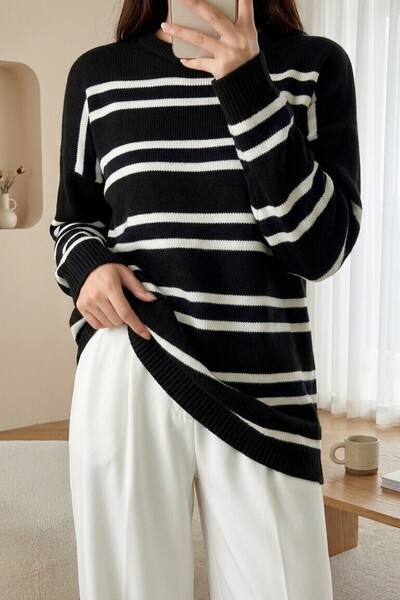 Modamorfo Colorful Striped Casual Knitwear Tunic -K. Coffee