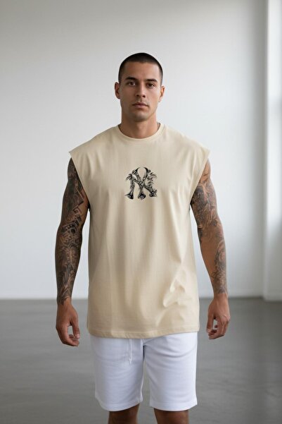 Altamira Erkek Bej NY Baskılı Oversize Kolsuz T-shirt