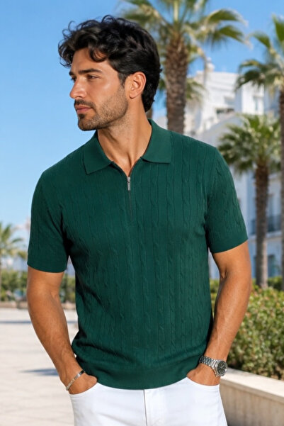 ZueOfficial Erkek Saç Örgü Desenli Yarım Fermuarlı Premium Erkek Polo Yaka Ti...