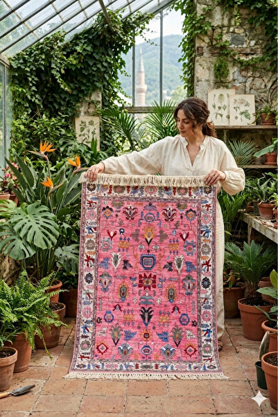kilim home Pembe Otantik Etnik Desenli Halı - Vintage Türk Motifli Bohem Salo...
