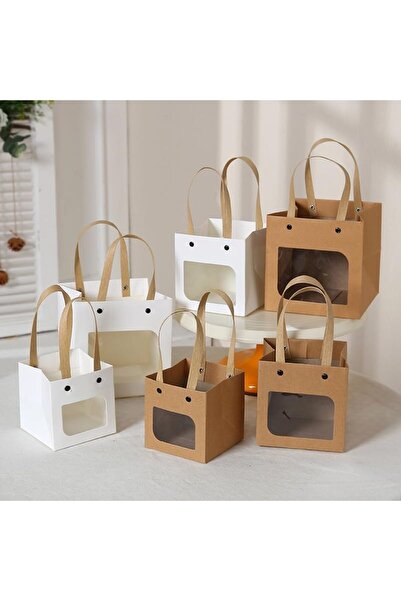 Arabest 6-Piece Square Kraft Paper Gift Bags with Transparent Window and Hand...