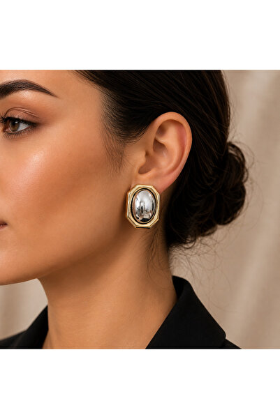 Selay Accessory أقراط بيضاوية مزدوجة اللون - أقراط نسائية أنيقة بتفاصيل ذهبية...