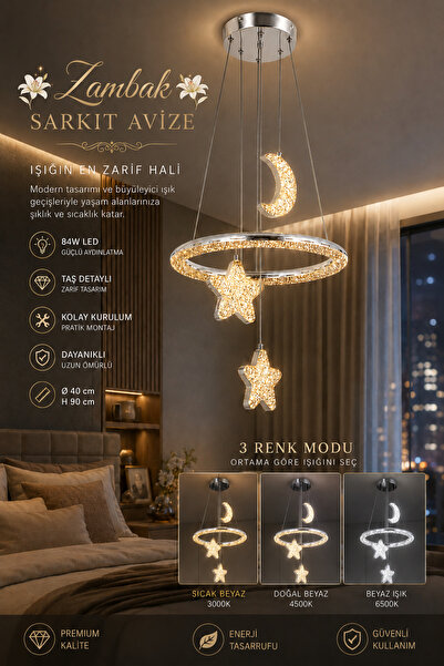 Elvora Home Modern (PREMİUM) LED Sarkıt Avizesi Ay Yıldız Taşlı Dekoratif Sal...