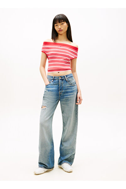 Tommy Jeans Kırmızı Kadın Çizgili Kazak TJW OFF SHOULDER STRIPE SWEATER