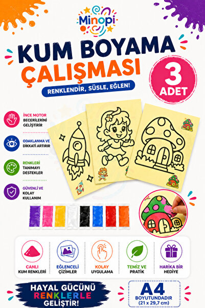 Minopi 3 Adet Büyük Boy, Kum Boyama Seti, A4 Boyutunda, Kum Boyama Çalışması,...