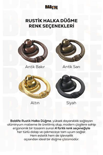 bablife Rustik Halka Sarkaç 35mm Çapında Çekmece Dolap Mobilya Kulpları (Siyah Krom Altın Antik Sarı ve Anti