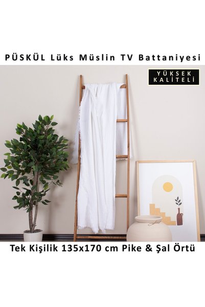 Püskül Tekstil Luxury Muslin Throw Blanket Wide 135X170Cm-100% Cotton Soft Quality Muslin Sofa Cover & Shawl