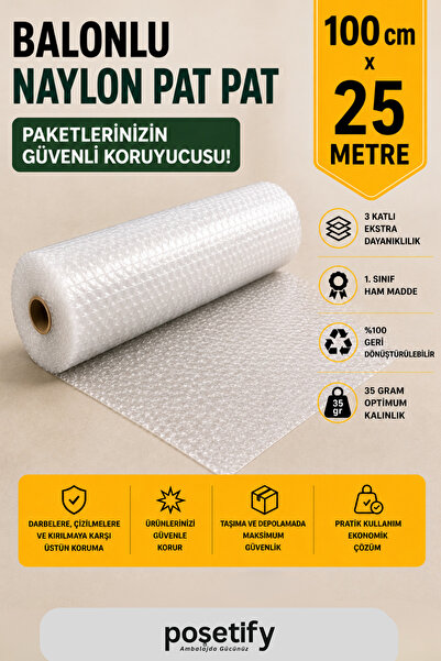 POŞETİFY 100 cm x 25 m Balonlu Naylon Patpat | 1. sınıf | 3 Katlı | 25 m2 | 3...
