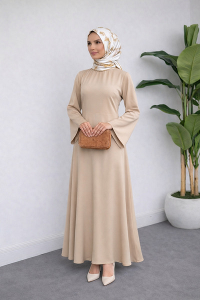 Hijab Evening Dress with Back Tie Detail Beige