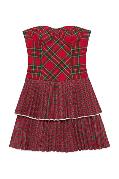 Tommy Jeans Kırmızı Kadın Straplez Standart Elbise TG TARTAN BUSTIER DRESS