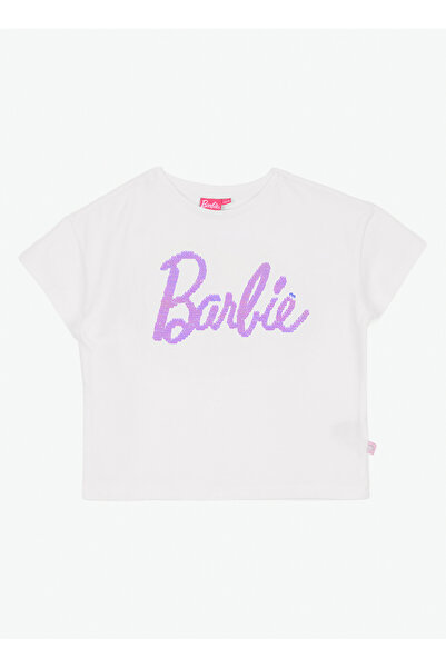 Barbie Beyaz - Lila Kız Çocuk Payetli T-Shirt BRB6SG-TST6020