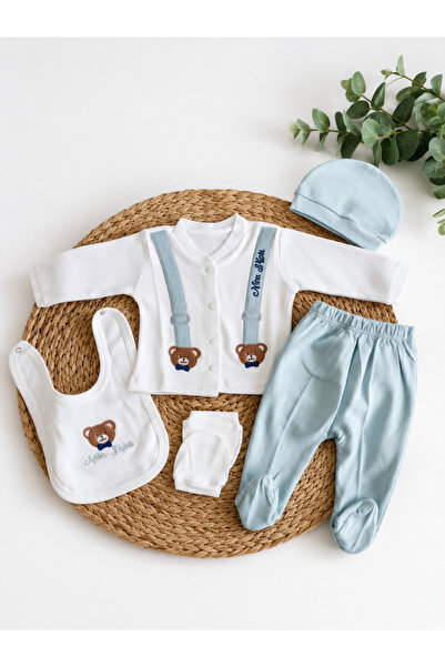 Boxed 5-Piece Baby Hospital Pack Set Hanging Teddy Bear Patterned Cotton Snapsuit Set