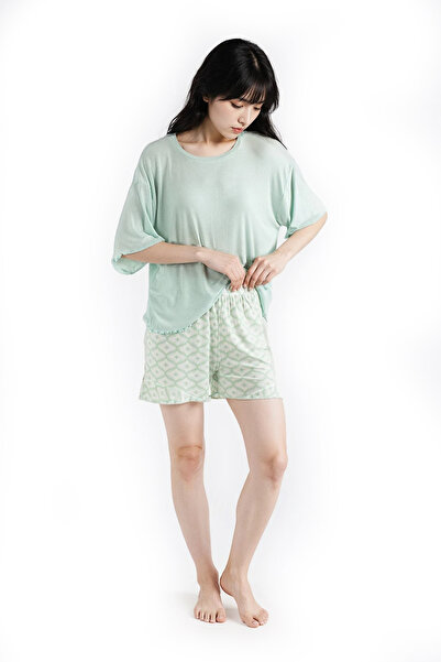 Ecrou Women's Green Flat Top Patterned Bottom Soft Button Shorts T-Shirt Paja...