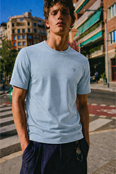 Maccali Men's 100% Cotton Basic Blue Short Sleeve T-Shirt