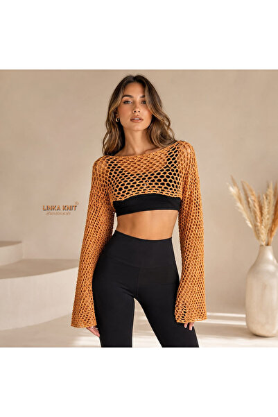 linka El Yapımı Kahverengi Bolero, Pamuklu Tığ İşi El Yapımı Yazlık Bolero, C...