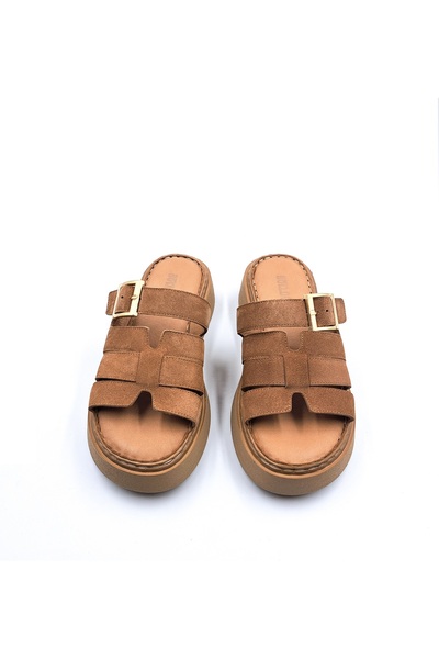 Bulldozer 4 cm Padded Sole Genuine Suede Leather Soft Insole Tan Women's Comfort Slippers
