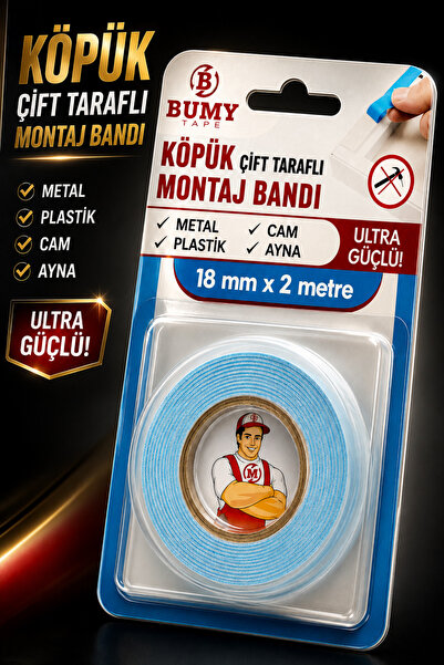 BUMY GÜÇLÜ Çift Taraflı Köpük Montaj Bandı 18 Mm x 2 METRE Yapışkanlı Cam Ayn...