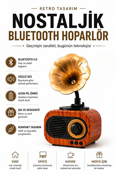 Weskam Gramafon Görünümlü Hoparlör Nostaljik Plak Mini Retro Bluetooth Hoparlör