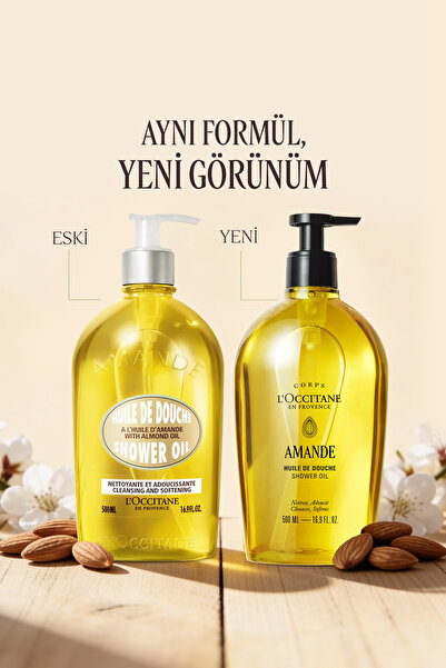 L'Occitane Badem Duş Yağı, Tatlı Badem ve Üzüm Çekirdeği Yağı İçeren Besleyici ve Nemlendirici, Omega 6 ve 9, 500 ml