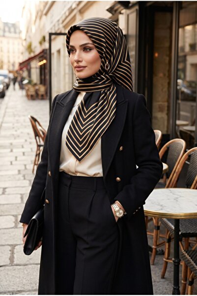 Vissona %100 Twill İpek Çizgili Desenli Siyah - Gold Renkli 90x90 Eşarp Dikim...