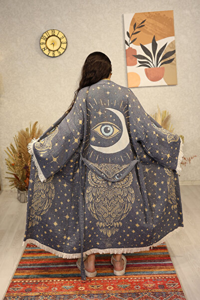 Befera Design Müslin Kimono %100 Pamuklu Tılsımlı Baykuş Desenli Jakarlı Born...