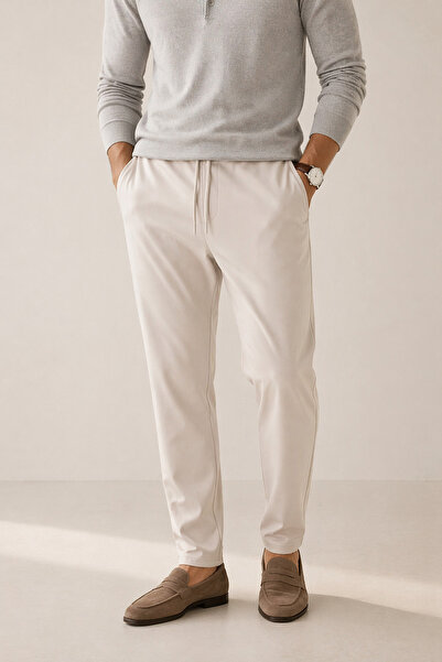 Souris Men's Cream Relaxed Fit Stretch Fabric Sports Pants Drawstring Waist S...
