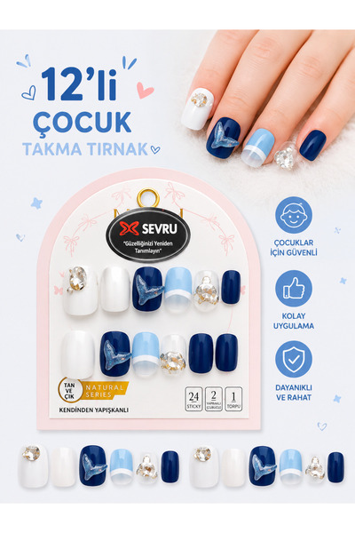 SEVRU Çocuk Takma Tırnak, Yeni Desenli 12'li Renkli Çocuk Takma Tırnağı Pro Z...
