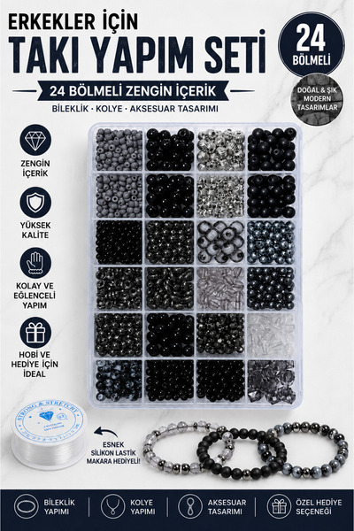 By MO Accessories Erkekler İçin 24'lü Kutuda Gri ve Siyah Boncuklarla Takı Ya...