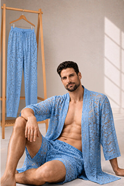 QMEN STYLE Erkek Güpür Dantel Kimono Takımı – 3’lü Dantel Set (Bornoz + Panto...