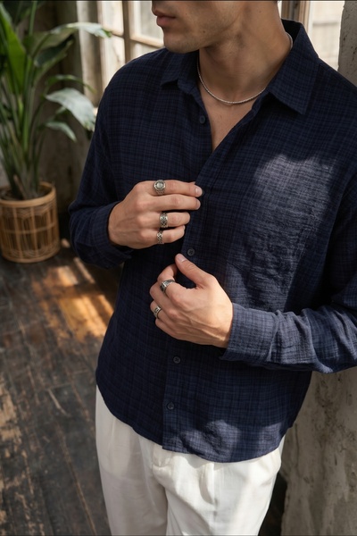 Livio Ferri Piana %100 Cotton Kendinden Desenli Oversize Erkek Gömlek Yazlık ...
