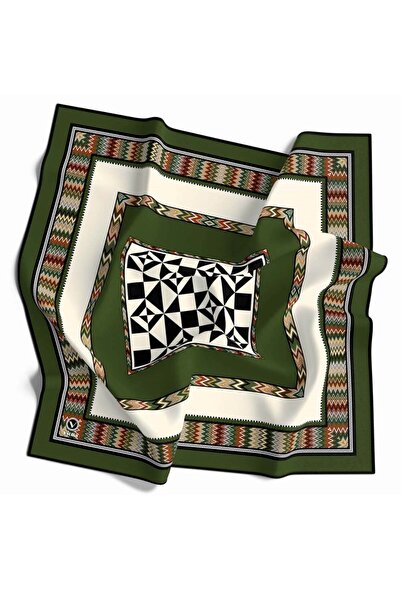 VİOLLA Kristal Geometrik Desenli Haki - Krem Renkli 90x90 Dikim Şekli : El Di...