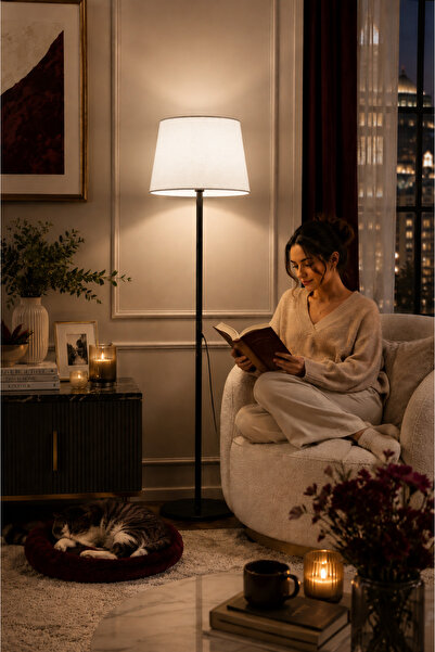Luna Lighting Lucca Model Siyah Metal Ayaklı Bohem Lambader 145 cm Kumaş Başlıklı Salon Yatak Odası Köşe Aydınlatma