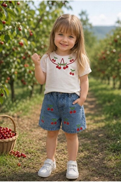 CALİSA Girl's Cherry Denim Shorts and T-Shirt Set Trendy Combination |   2-Pi...