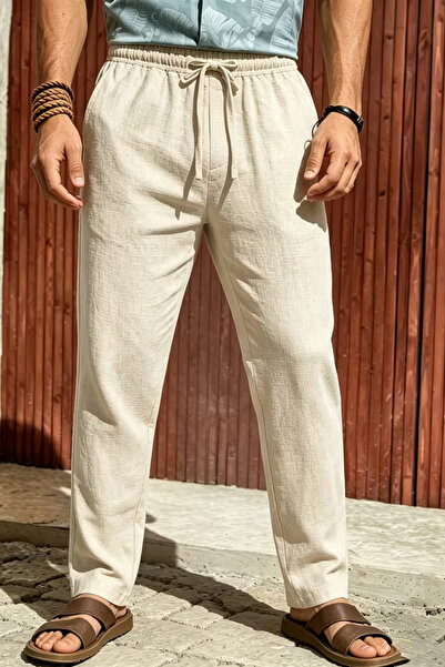Oxmen Avant Garde Men's Beige Real Linen Cotton Baggy Elastic Waist Loose Fit...