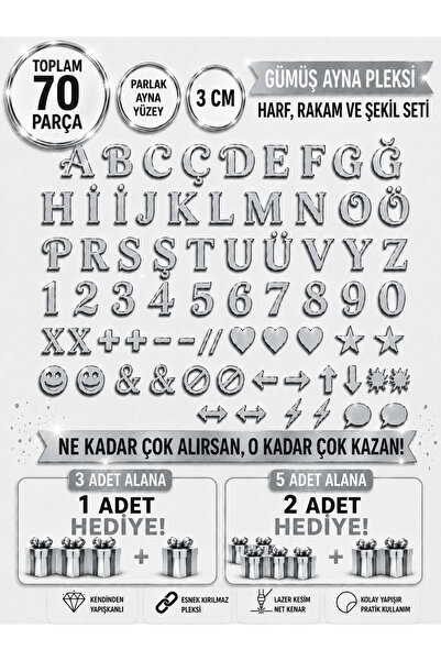 Bioren Kendinden Yapışkanlı Gümüş Aynalı Pleksi Harf Rakam ve Şekil Seti 70 P...