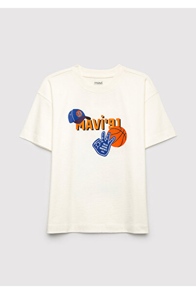 Mavi 91 Baskılı Ekru Tişört Oversize / Geniş Kesim 6610462-70057