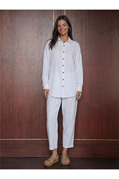 WeShaya White Viscose Linen Blended Long Sleeve Shirt with Collar Straight Cu...