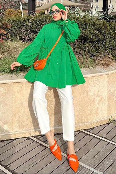 TRENDTESETTÜR Kadın Yeşil (BENETTON) Beli Büzgü Detaylı Düğmeli Tunik T 7168