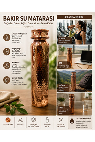 CRALİCHE 500 Cl Copper Handmade Healthy Copper Water Flask, Motivational Flas...