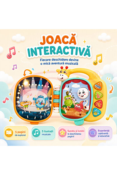 RCO Carticica Muzicala Interactiva pentru Bebelusi 12 Luni+, cu Lumini, Sunete de Instrumente, Volum Reglabil si Maner, Jucarie Educativa din ABS