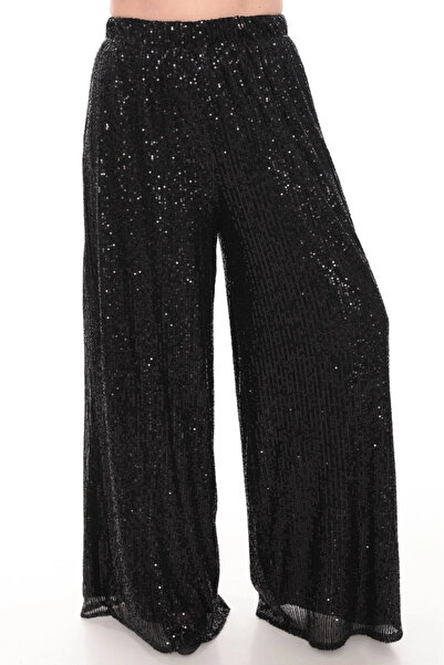 Lady Majestic Sequined Wide Leg Trousers Black Sparkling Evening Dress Palazz...