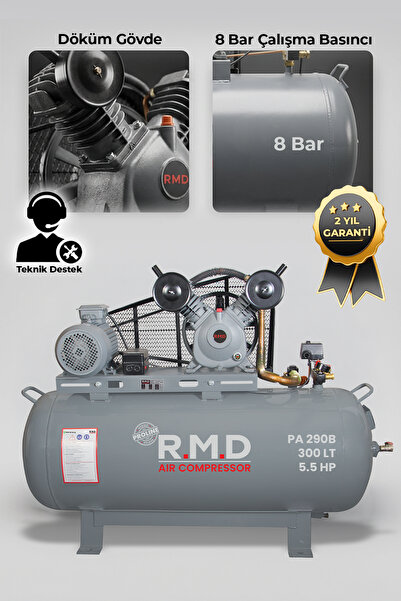 R.M.D Kompresör Hava Kompresörü Pistonlu 300 lt 2 Kafa 8 Bar 5.5 Hp I PA290B