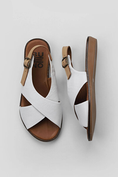 Bueno Shoes White Beige Leather Women's Flat Sandals 01Wu8213