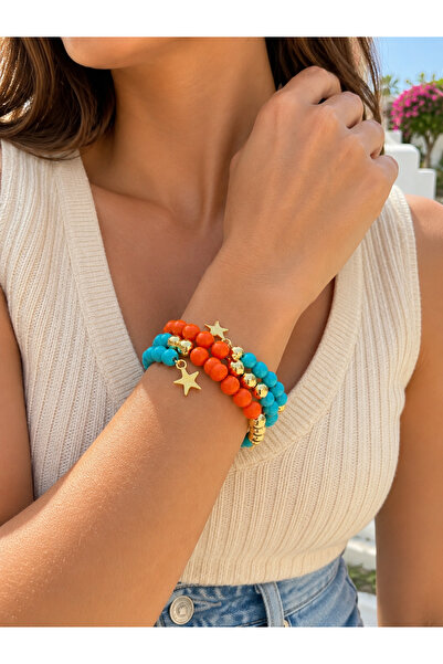 Kutcha Accessories Turquoise & Coral Colored Star End Bead Bracelet