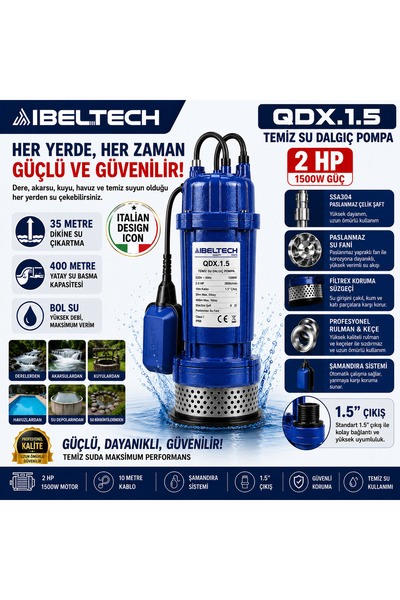 İBELTECH QDX SERİSİ PASLANMAZ GÖVDE BAKIR SARGILI ŞAMANDIRALI 2 HP TEMİZ SU D...
