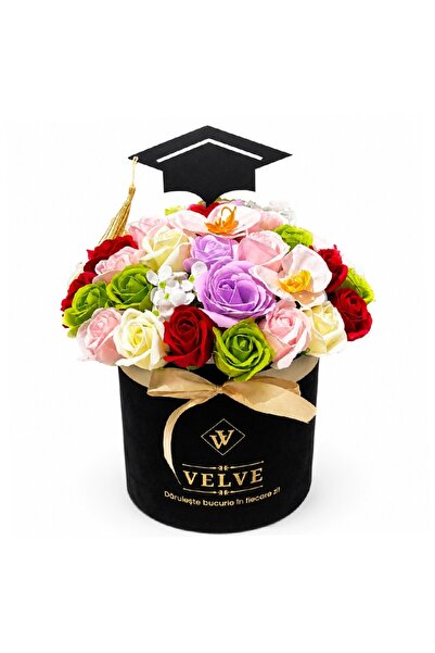 velve Aranjament floral pentru absolvire, cutie rotunda cu trandafiri, orhide...