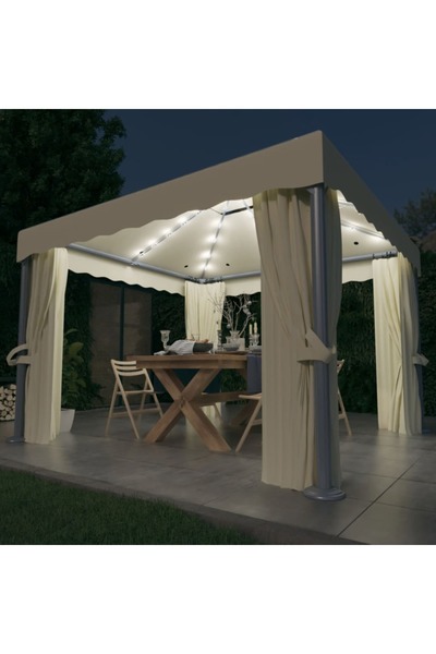 Concept Pavilion cu perdele & șiruri lumini LED, alb crem, 3x3 m