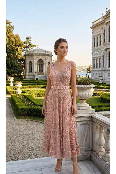 uzer abiye Premium Koleksiyon,taş ve Payet baskılı Tasarım pembe Gece Elbises...