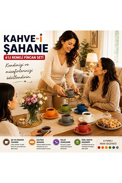 EMBazaar Kahve-i şahane 6'lı Renkli Kahve Fincan Takımı,Zarif Kahve fincan,Şık ve Renkli fincan takım,Hediyelik Fincan Takımı